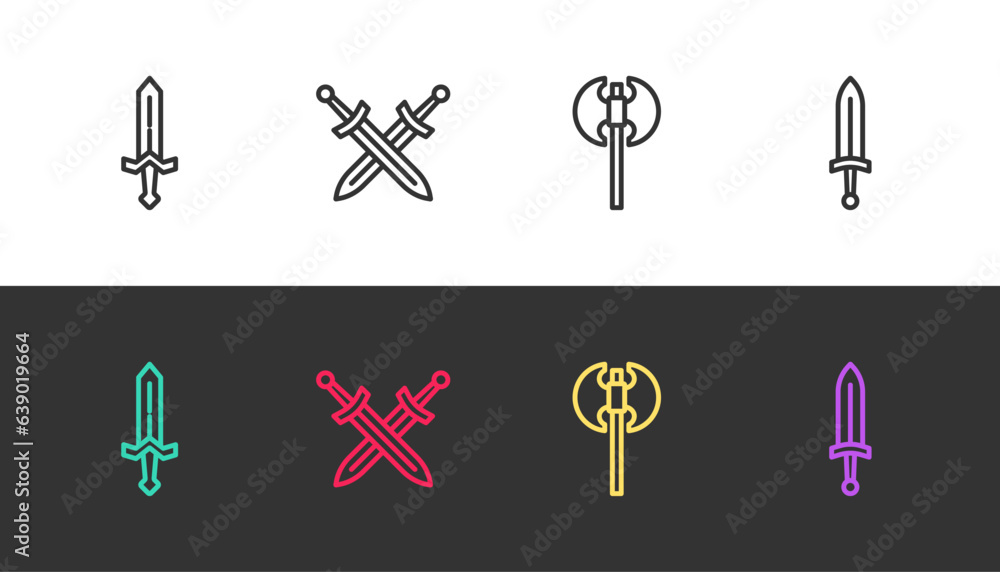 Set line Medieval sword, Crossed medieval, axe and on black and white. Vector Set line Medieval sword, Crossed medieval, axe and on black and white. Vector