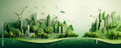Image of a green leaf created in the paper art style, surrounded by silhouettes of trees, city buildings, windmills, and solar panels. Generative IA