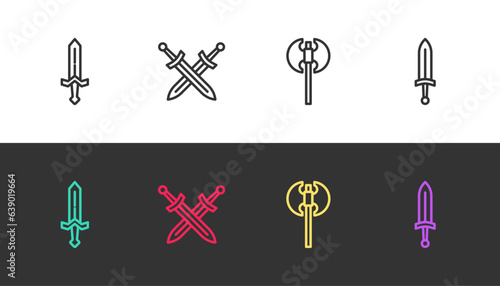 Set line Medieval sword, Crossed medieval, axe and on black and white. Vector
