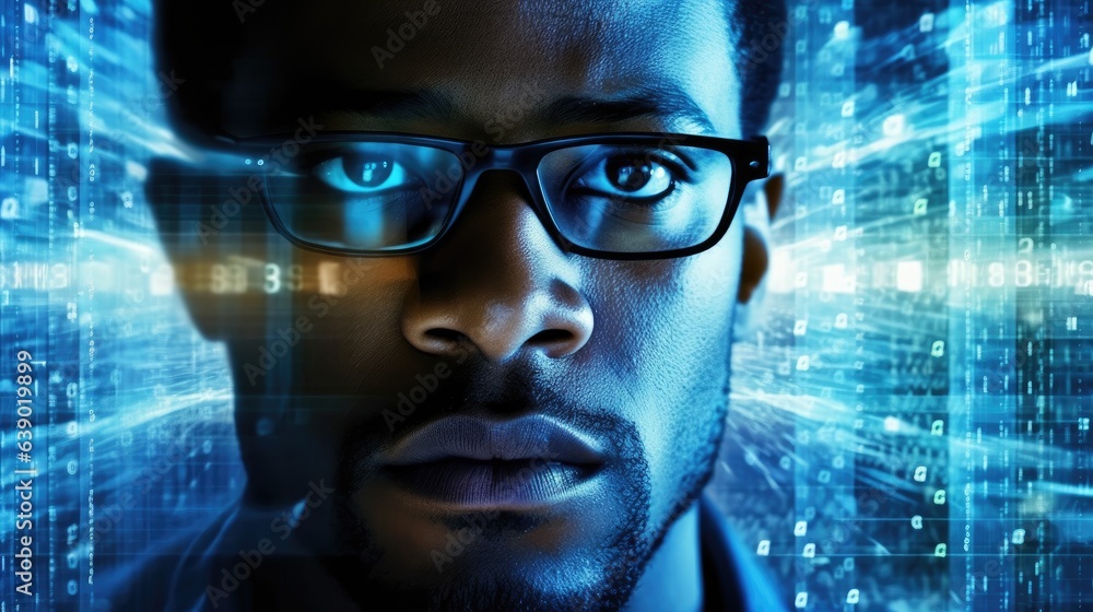 A cybersecurity expert and a complex network visualization. A cybersecurity expert and a complex network visualization.
