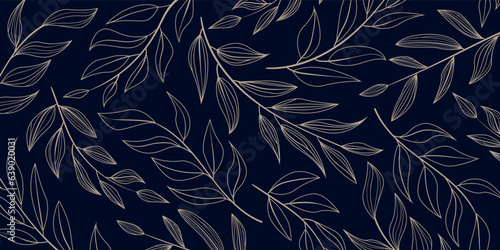 vector background of leaves and branches line art, pattern of golden plants on a blue background, minimalist nature background