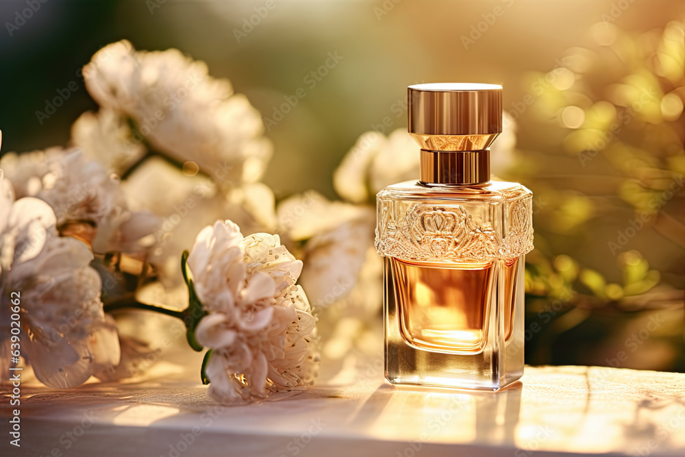 Transparent bottle of perfumeand white flowers on nature background. Floral perfume bottle with blooming flowers. Elegant luxury fragrance presentation with daylight Transparent bottle of perfumeand white flowers on nature background. Floral perfume bottle with blooming flowers. Elegant luxury fragrance presentation with daylight