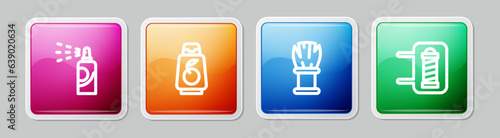 Set line Spray can for hairspray, Bottle of shampoo, Shaving brush and Barber shop pole. Colorful square button. Vector