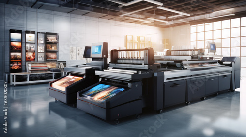 Interior of modern office printshop with multifunctional professional publishing and photocopy equipment. Business, paperwork and publication. Large format printer © PaulShlykov