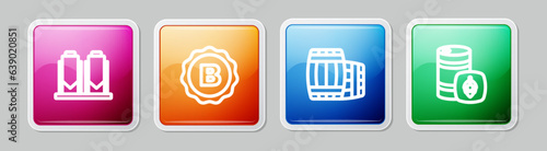 Set line Beer brewing process, Bottle cap with beer, Wooden barrel and Metal keg. Colorful square button. Vector