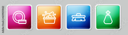Set line Washing dishes, Basin with soap suds, Brush for cleaning and Garbage bag. Colorful square button. Vector
