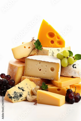 Cheese board on white background. Generative AI.