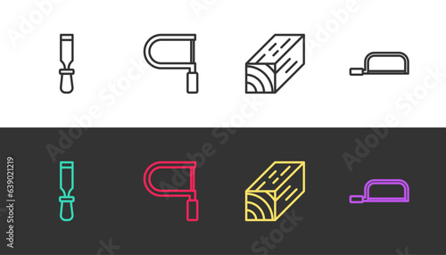 Set line Chisel tool, Hacksaw, Wooden beam and on black and white. Vector