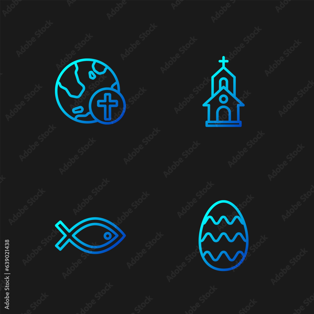 Set line Easter egg, Christian fish symbol, cross with globe and Church building. Gradient color icons. Vector Set line Easter egg, Christian fish symbol, cross with globe and Church building. Gradient color icons. Vector