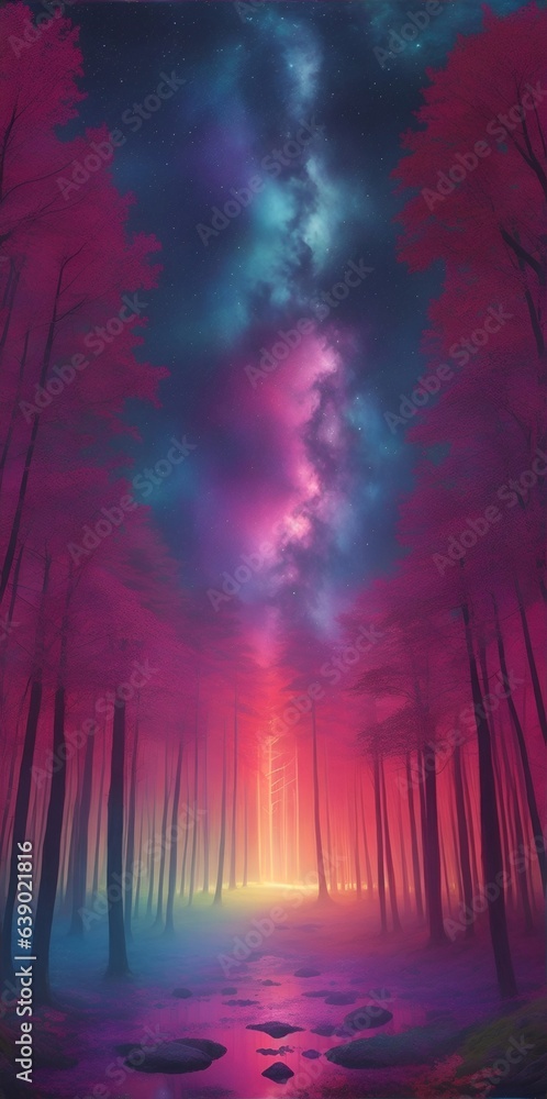 Deep forest landscape with specttrum burst sky. AI generated illustration