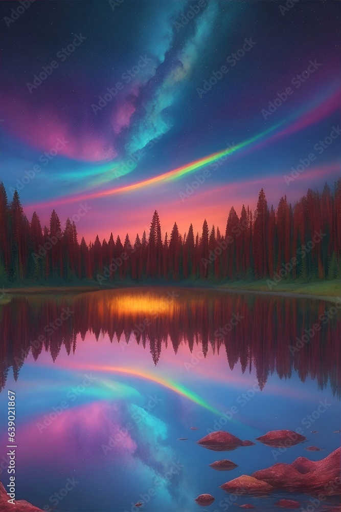 Deep forest landscape with specttrum burst sky. AI generated illustration Deep forest landscape with specttrum burst sky. AI generated illustration