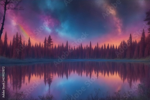 Deep forest landscape with specttrum burst sky. AI generated illustration © vector_master