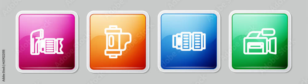 Set line Photo camera, Camera film roll cartridge, photo lens and Cinema. Colorful square button. Vector Set line Photo camera, Camera film roll cartridge, photo lens and Cinema. Colorful square button. Vector