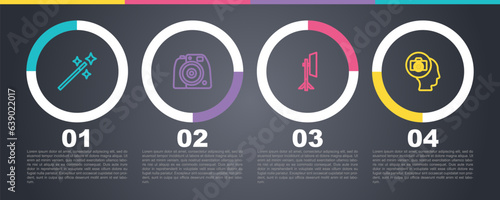 Set line Photo retouching, camera, Studio light bulb softbox and . Business infographic template. Vector