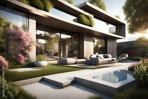 a sleek 3D urban home exterior with a small garden sanctuary. 