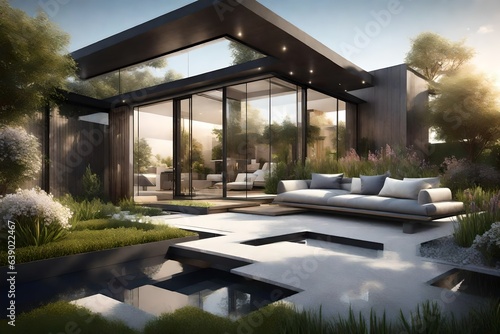 a sleek 3D urban home exterior with a small garden sanctuary.  © Ahtesham