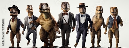 Slika na platnu Dinosaur as a businessman and business team. 3D Rendering