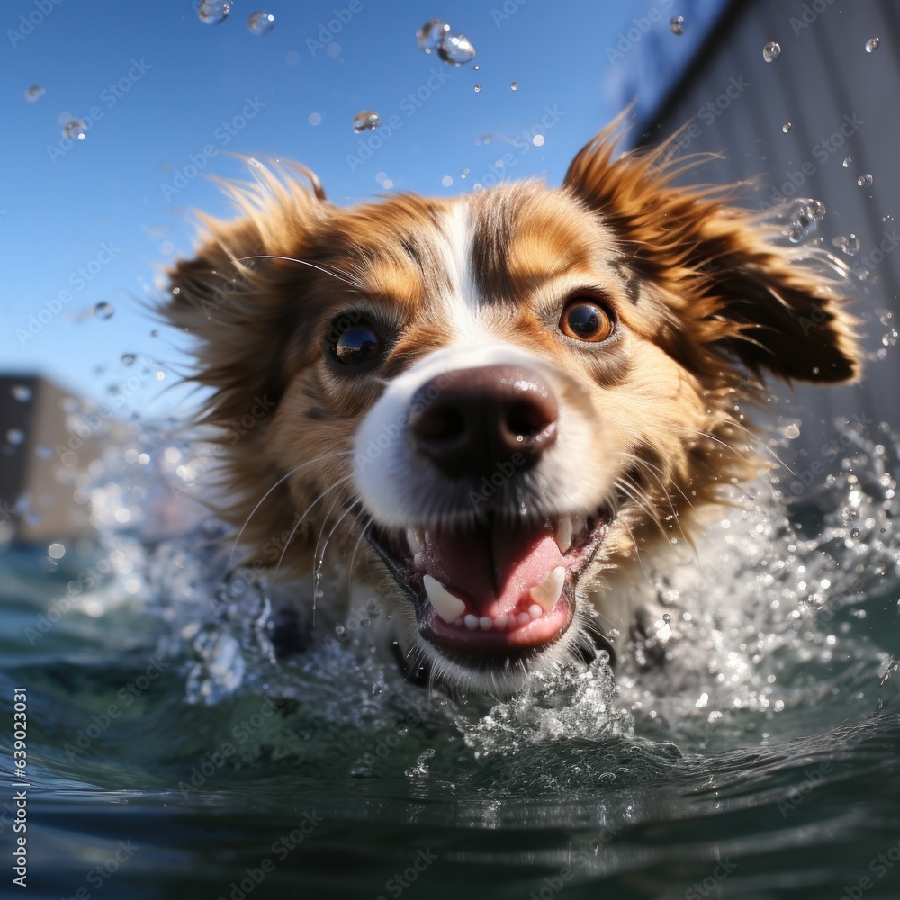 Portrait of a happy golden retriever swimming in the pool, splashing in the water