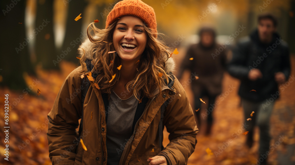 woman and friends portrait in a park during fall or autumn season.