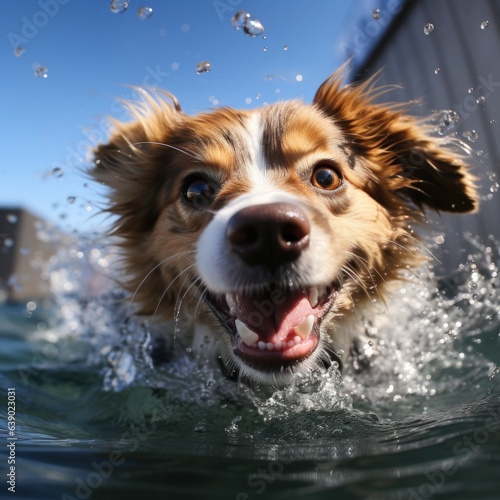 Portrait of a happy golden retriever swimming in the pool, splashing in the water