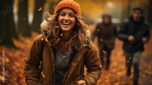 woman and friends portrait in a park during fall or autumn season.