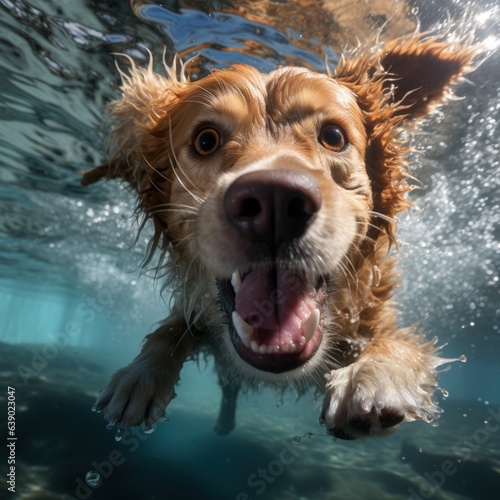 Cute golden retriever dog swimming underwater and looking at camera.