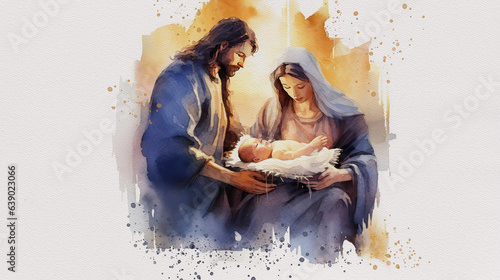 Fotografia Holy Family nativity scene, watercolor, generative ai
