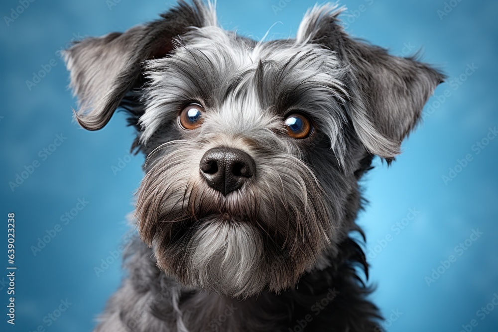 Portrait of a cute mixed breed dog on a blue background.