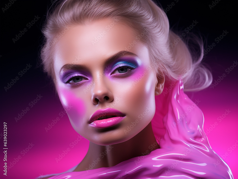 Beauty woman face painted in pink color paint, pink makeup