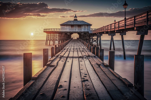 Romantic Seaside Retreat: Mesmerizing Sunset View from a Rustic Wooden Pier photo