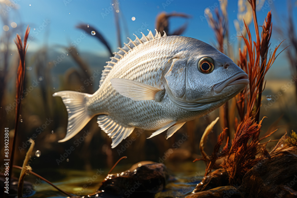 Φωτογραφία Saddled seabream, known as Oblada, gracefully swimming amidst seaweed in a captive aquarium, showcasing the wonders of marine life