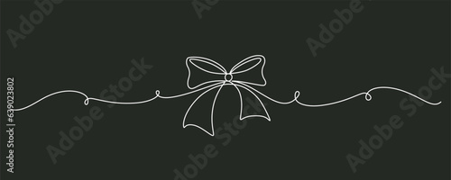 Tied ribbon bow hand drawing one line. Vector stock illustration isolated on black background for design template Christmas, Birthday greeting card, invitation or presentation. Editable stroke.