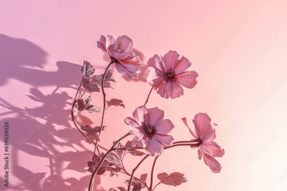 Beautiful pink flowers on a pink wall background. Beautiful flowers concept. Generative Ai, Ai.