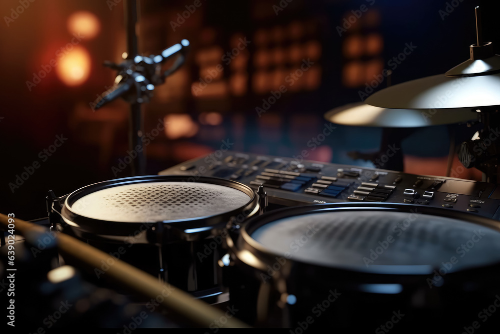 Drums against a dark background, nicely lit before the concert, recording. Generative Ai, Ai. Drums against a dark background, nicely lit before the concert, recording. Generative Ai, Ai.