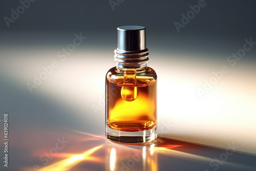 A small bottle with a perfume or other cosmetic. The concept of using perfume, testing fragrances. Generative Ai, Ai.