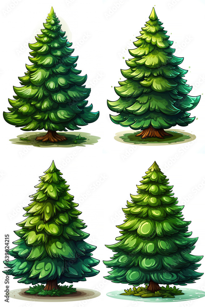 Christmas tree (spruce) illustration, cartoon style, isolated on white background. Variations set. Generative AI