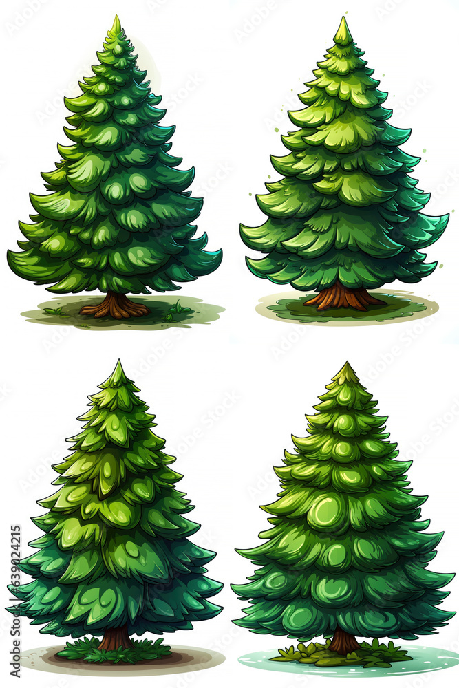 Christmas tree (spruce) illustration, cartoon style, isolated on white background. Variations set. Generative AI Christmas tree (spruce) illustration, cartoon style, isolated on white background. Variations set. Generative AI