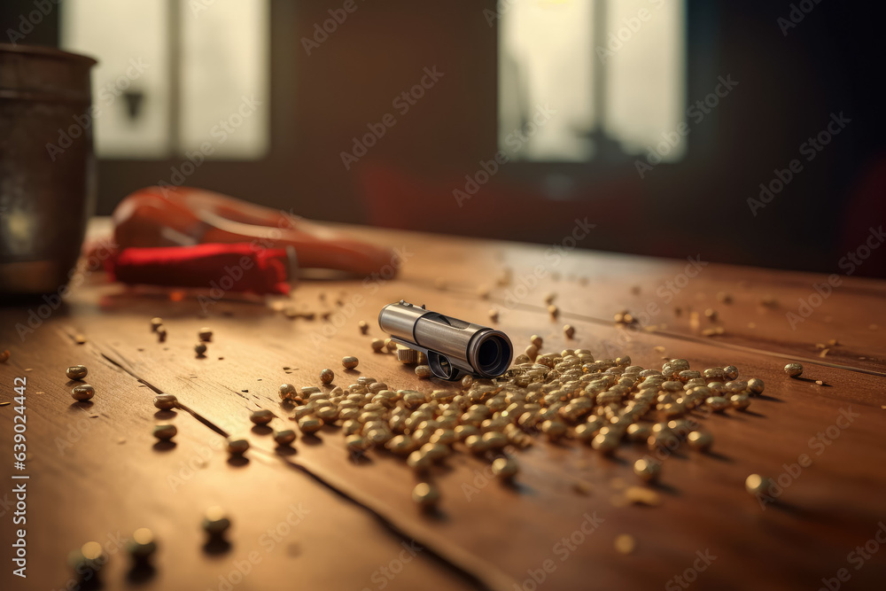 Bullets scattered on a rustic oak table, capturing a sense of danger and intrigue. Generative Ai, Ai. Bullets scattered on a rustic oak table, capturing a sense of danger and intrigue. Generative Ai, Ai.