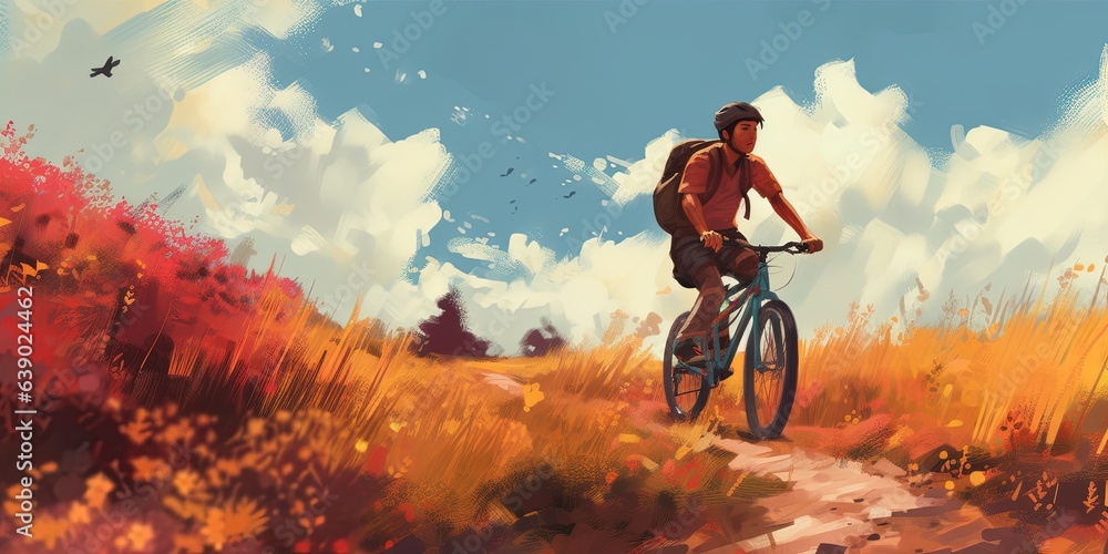 A man riding a bicycle down a hill, digital art style, illustration painting - obrazy, fototapety, plakaty 