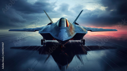 Motion image of Jet F35 Strike Aircraft in the Sky with Dramatic Clouds and Sunrise AI Generated