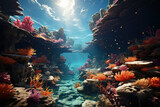 A digital artwork depicting an underwater landscape, capturing the beauty and serenity of the depths. Generative Ai.