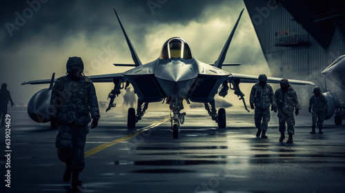 Special Forces Soldiers Inspecting a Stealth Fighter Jet AI Generated