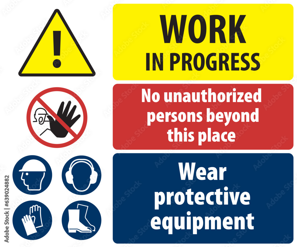 Vector graphic of sign for construction work sites prohibiting access and requiring protective equipment Vector graphic of sign for construction work sites prohibiting access and requiring protective equipment