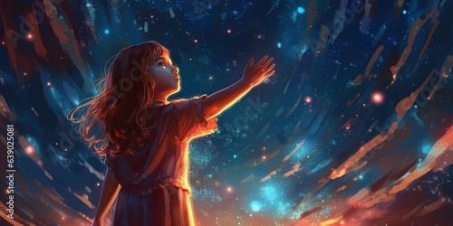 A young girl standing during the day reaching out to grab a star in the night dimension  digital art style  illustration painting