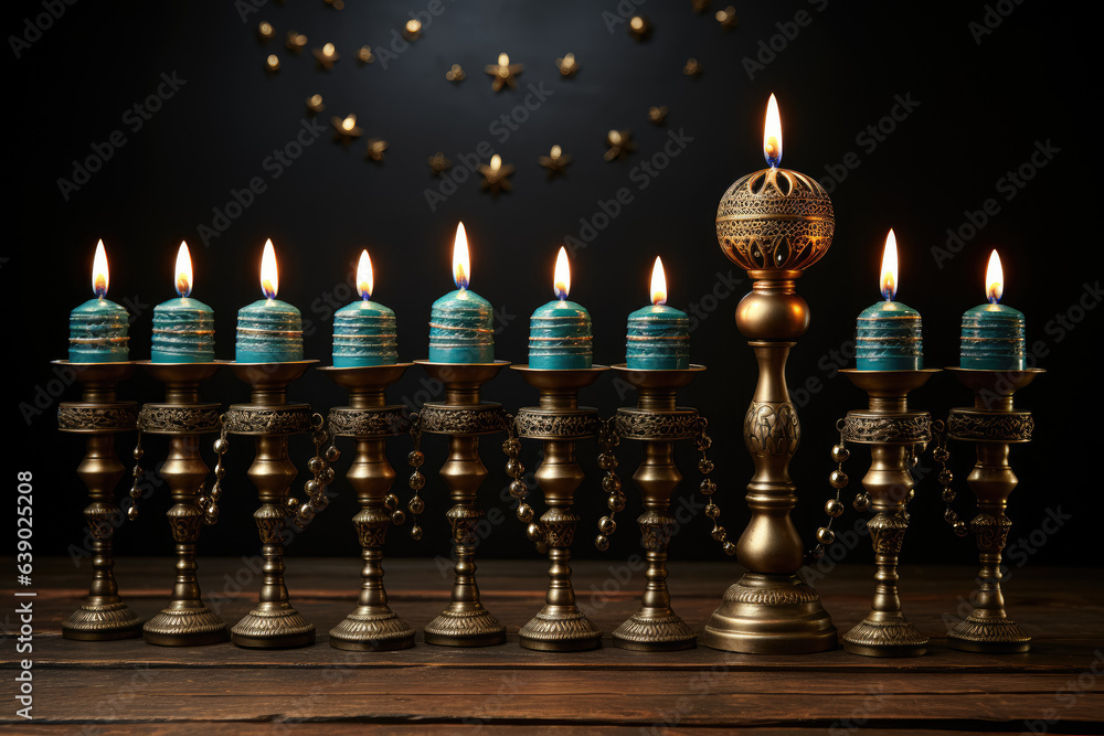 Image of Jewish holiday Hanukkah with a menorah (traditional candelabra) and spinning top over a wooden blue background. Top view, flat lay. Generative Ai. Image of Jewish holiday Hanukkah with a menorah (traditional candelabra) and spinning top over a wooden blue background. Top view, flat lay. Generative Ai.