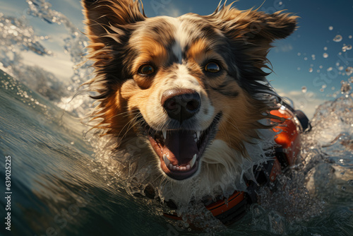 Adding a touch of humor, a funny dog is depicted surfing, capturing the joy and playfulness of our furry friends. Generative Ai. © Sebastian