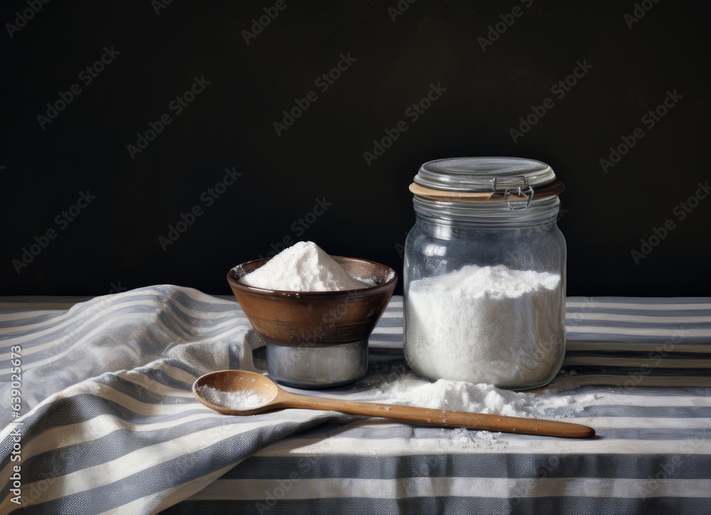 An ounce of milk sugar a spoon and a towel on a table. An ounce of milk sugar a spoon and a towel on a table.