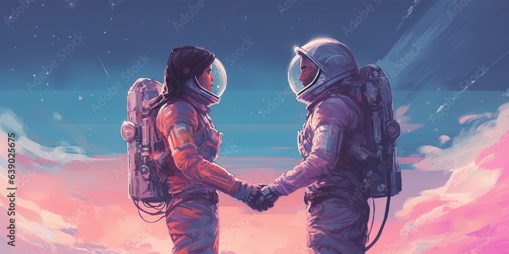 Astronaut couple holding each other's hands on space sky background, digital art style, illustration painting Astronaut couple holding each other's hands on space sky background, digital art style, illustration painting