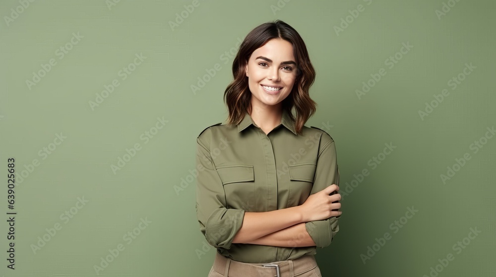 Full body photo of cool satisfied glad lady stand with folded arms wear khaki clothes isolated over sky light color background Full body photo of cool satisfied glad lady stand with folded arms wear khaki clothes isolated over sky light color background