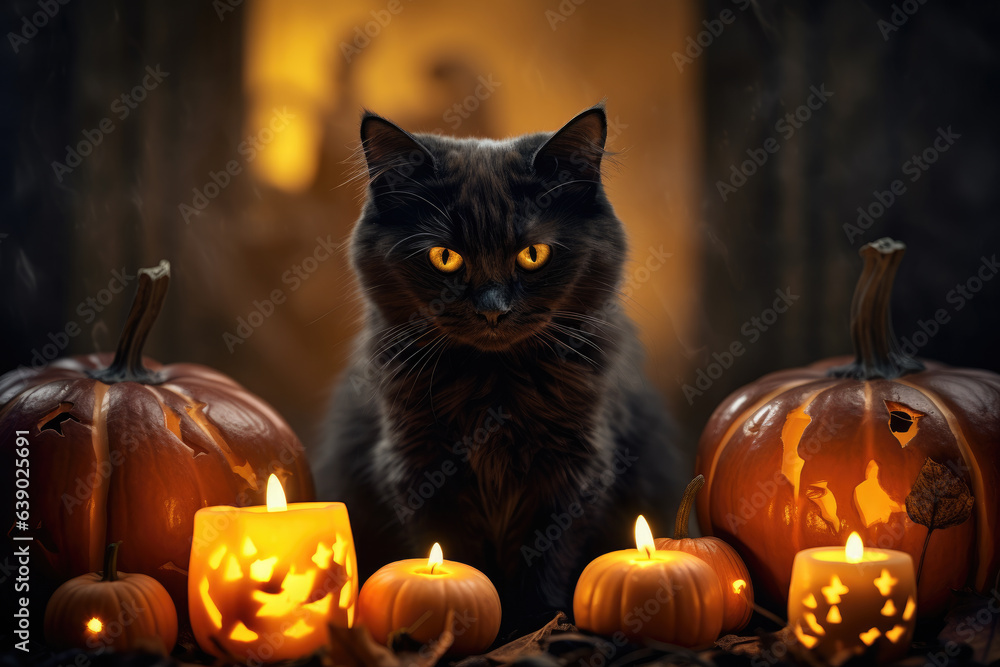 Black cat sitting near candles and pumpkins, halloween scene Black cat sitting near candles and pumpkins, halloween scene